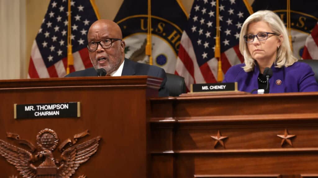 U.S. Rep. Bennie Thompson (D-MS), chair of the select committee investigating the January 6 attack on the Capitol, speaks during a committee business meeting as vice chair, Rep. Liz Cheney (R-WY) looks on at Cannon House Office Building on Capitol Hill October 19, 2021 in Washington, DC. (Photo by Alex Wong/Getty Images)