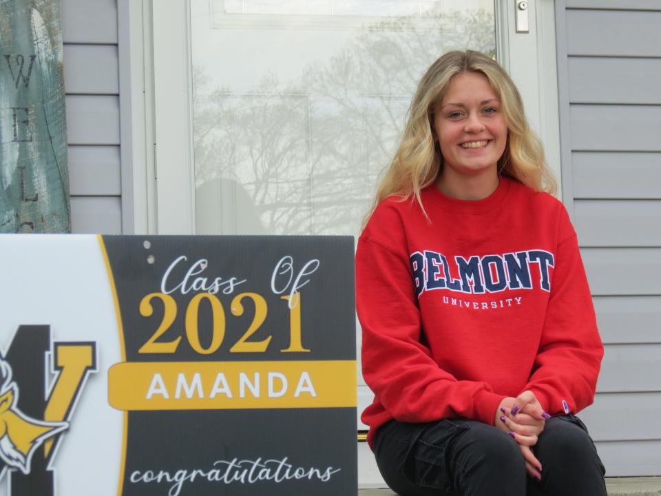 West Milford's Amanda Finke in front of her home, where she has spent her senior year of school learning online.