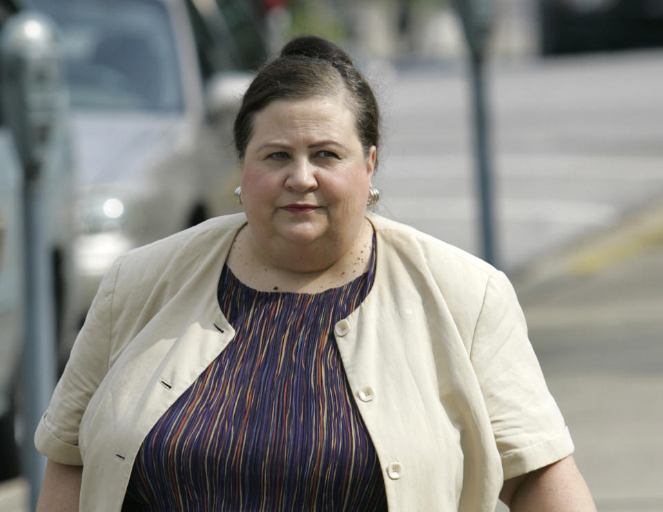 FILE - In this July 9, 2007, file photo, former Alabama Secretary of State Nancy Worley arrives the Montgomery County Courthouse,in Montgomery, Ala. A dispute over control of the Alabama Democratic Party is headed to court. Alabama Democratic Party Chair Worley and others filed a lawsuit Wednesday, Oct. 30, 2019, seeking to stop a faction of the party's governing committee from meeting this weekend to elect new leaders. (AP Photo/Rob Carr, File)