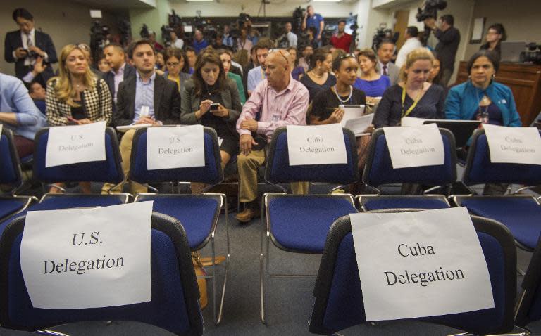 Seats are seen for the respective delegations at a press conference to discuss the concluded fourth round of talks to re-establish diplomatic relations and re-open embassies with Cuba May 22, 2015 in Washington, DC