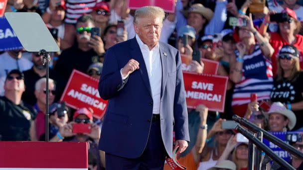 PHOTO: Former President Donald Trump acknowledges supporters at a rally, Sunday, Oct. 9, 2022, in Mesa, Ariz. (Matt York/AP, FILE)