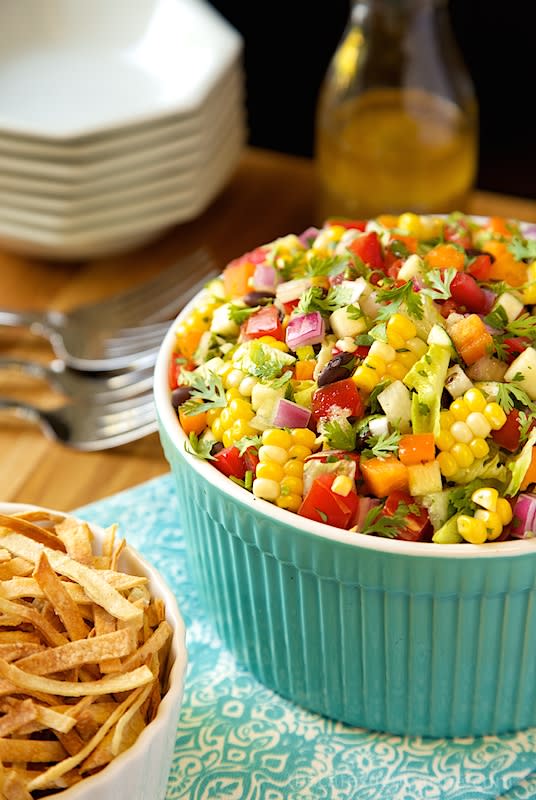 <p>The Cafe Sucre Farine</p><p>This fresh, healthy and summery salad has fabulous Southwest flavor!</p><p><a href="http://thecafesucrefarine.com/2014/05/mexican-chopped-salad/" rel="nofollow noopener" target="_blank" data-ylk="slk:Get the recipe!;elm:context_link;itc:0;sec:content-canvas" class="link ">Get the recipe!</a></p>