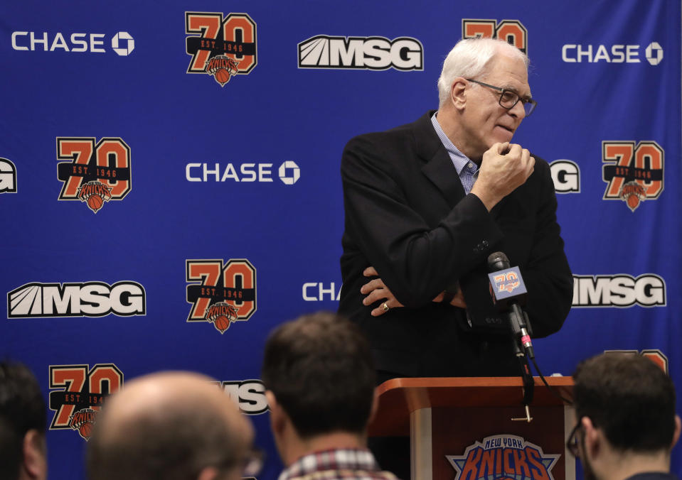 New York Knicks president Phil Jackson answers questions during a news conference at the team's training facility, Friday, April 14, 2017, in Greenburgh, N.Y. (AP Photo/Julie Jacobson)