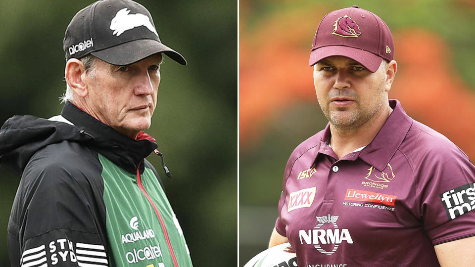 Wayne Bennett (pictured left) at Rabbitohs training and Anthony Seibold (pictured right) at Broncos training.