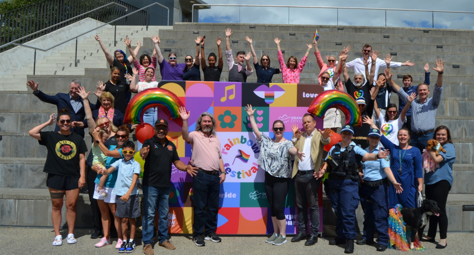 Councillor David Mallard, NSW Police and members of the the local Orange community promoting the Rainbow Festival.