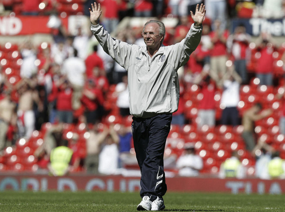 FILE - Then England's coach Sven Goran Eriksson waves to the fans after their international friendly soccer match against Jamaica at Old Trafford Stadium, Manchester, England, Saturday June 3, 2006. Swedish soccer coach Sven-Goran Eriksson says he has cancer and might have less than a year to live. The former England coach has told Swedish Radio he discovered he had cancer after collapsing suddenly. (AP Photo/Dave Thompson, File)