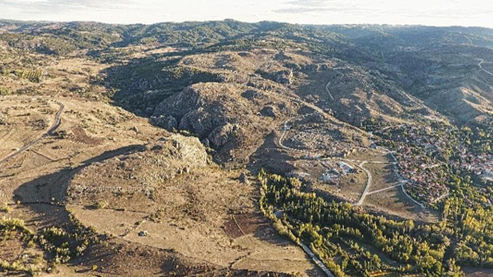 An aerial view of ruins near the Turkish town of Boğazköyury.