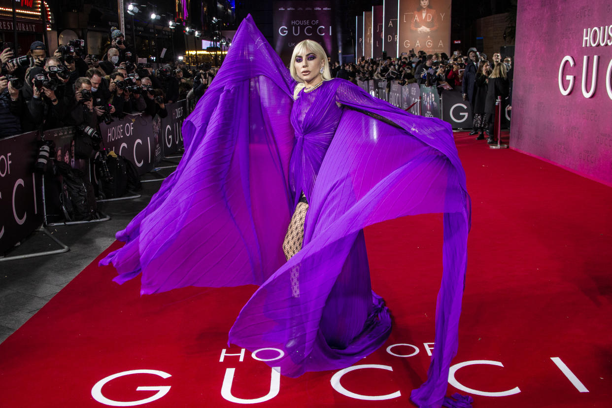 Lady Gaga poses for photographers upon arrival at the World premiere of the film 'House of Gucci' in London Tuesday, Nov. 9, 2021. (Photo by Joel C Ryan/Invision/AP)