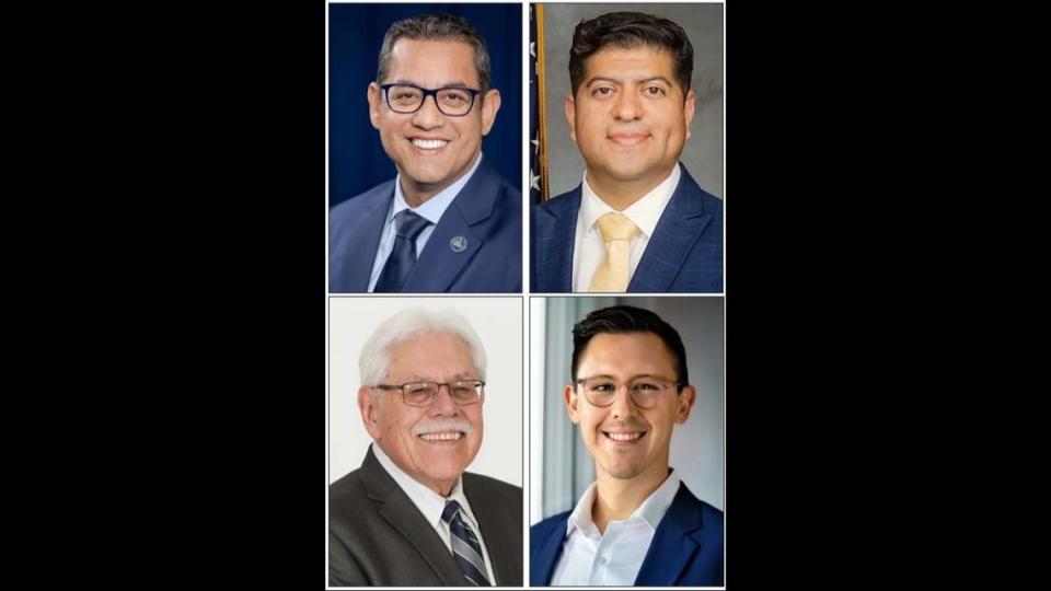 Candidates in the March 5 primary for the District 3 seat on the Fresno County Board of Supervisors are, clockwise from top left, Miguel Arias, Luis Chavez, Edward “EJ” Hinojosa and incumbent Sal Quintero. Photos from candidates' campaigns/websites