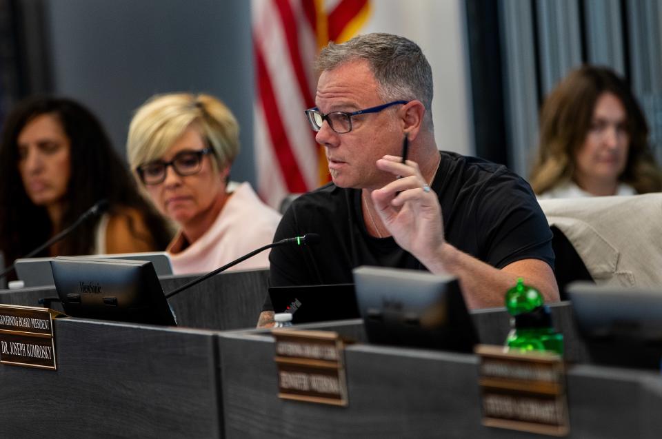 TEMECULA, CA - JULY 18, 2023: School Board President Joseph Komrosky makes a point  during a school board meeting on July 18, 2023 in Temecula, California. The conservative majority on the school board is at the center of a debate with Gov. Gavin Newsom who has threatened to fine the board over $1 million because of their resistance to include a lesson involving Harvey Milk.(Gina Ferazzi / Los Angeles Times via Getty Images)