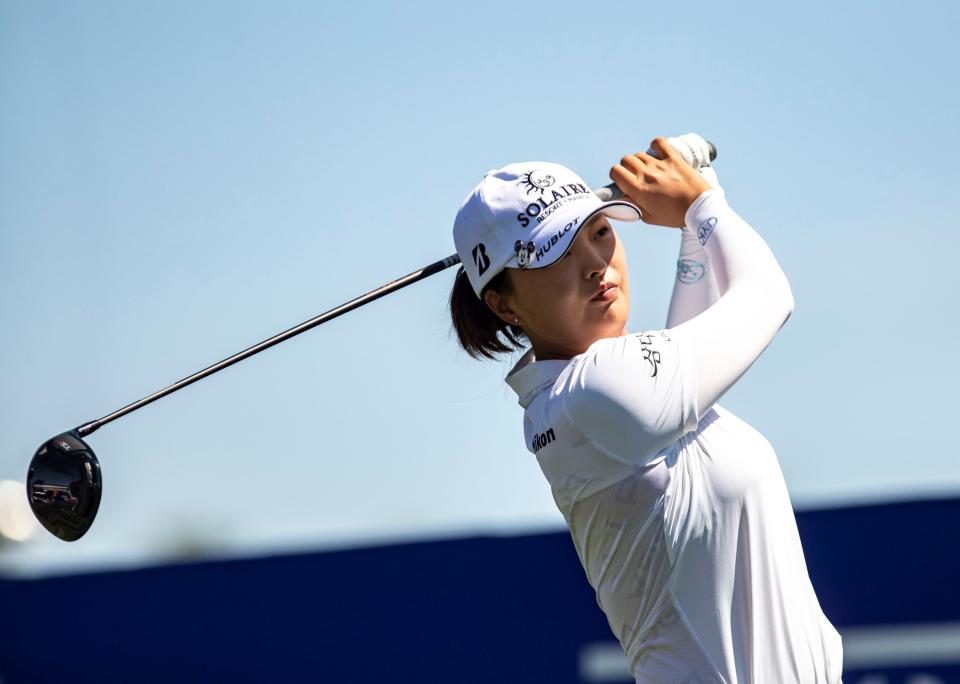 Jin Young Ko of South Korea tees off on one during round two of the Chevron Championship at Mission Hills Country Club in Rancho Mirage, Calif., Friday, April 1, 2022.