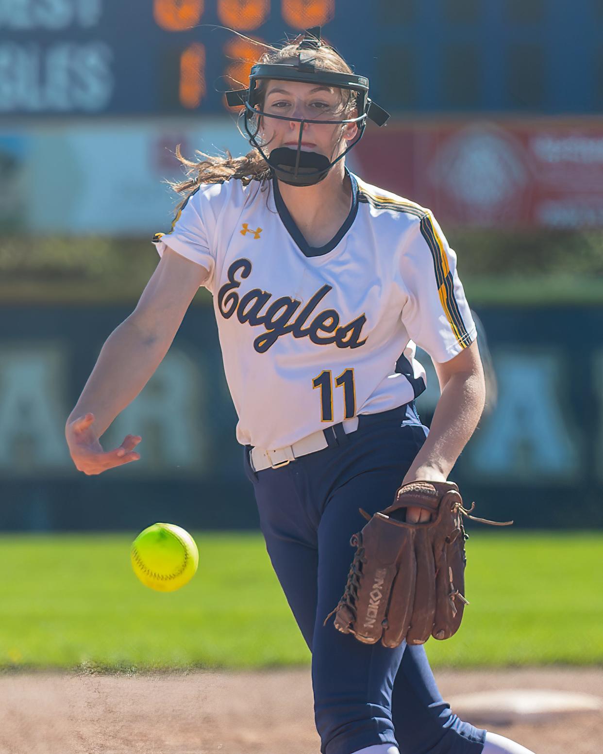 Hartland pitcher Olivia Forrest allowed only one hit and no runs in two games against Brighton Wednesday, May 1, 2024.