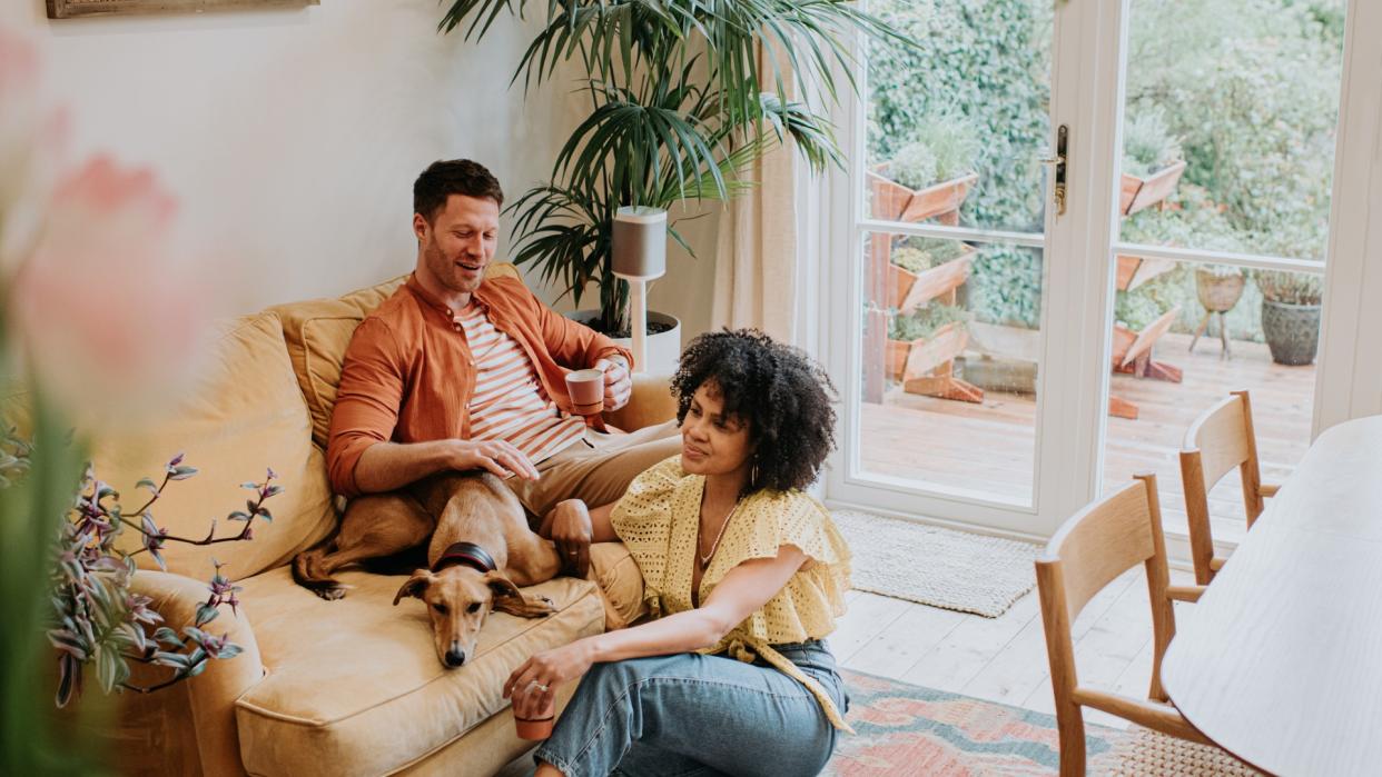 A dog is curled up next to their pet parents on a yellow-beige couch in a sunny room