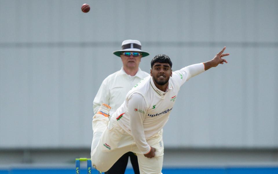 Rehan Ahmed of Leicestershire goes for 22 in his first over during the LV=Insurance County Championship match between Yorkshire County Cricket Club and Leicestershire Foxes at Headingley Cricket Ground, St Michaels Lane, England on 6 April 2023 - Thomas Gadd /PRIME Media Images