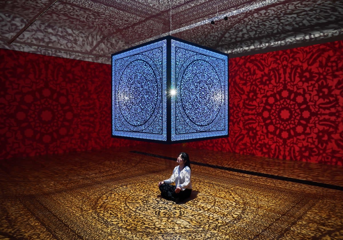 A visitor admires the title piece, a large suspended steel cube casting shadow patterns across the walls, by Anila Quayyum Agha at a preview for All The Flowers Are For Me show at Shirley Sherwood Gallery of Botanical Art in Kew Gardens.  (PA)