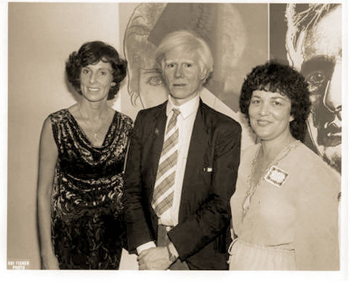 Andy Warhol’s “Ten Portraits of Jews of the Twentieth Century” were exhibited in Miami by Barbara Gillman (right) and Toby Lerner Ansin (left) in September 1980 in conjunction with Beth David Congregation and the Lowe Art Museum. Barbara and Toby invited Andy to attend and he came for an exiting weekend full of activities including knishes at Beach Poultry, Matzohs Ball Soup at the Famous Restaurant and a late night dinner at Versailles . Courtesy of Barbara Gillman
