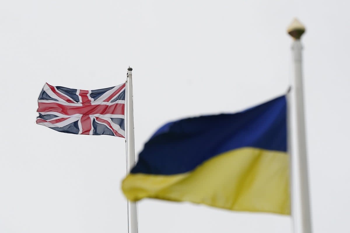 An Ukrainian and Union flag flying above Spanish City in Whitley Bay, North Tyneside. Picture date: Friday May 6, 2022 (Owen Humphreys/PA) (PA Archive)