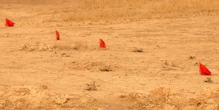 Small red flags indicating areas where improvised explosive devices (IEDs) are believed to be planted are pictured as Kurdish peshmerga fighters clear Fadiliya village in Nawaran, north of Mosul, as part of their offensive to drive Islamic State from Mosul, Iraq, October 26, 2016. REUTERS/Ahmed Jadallah