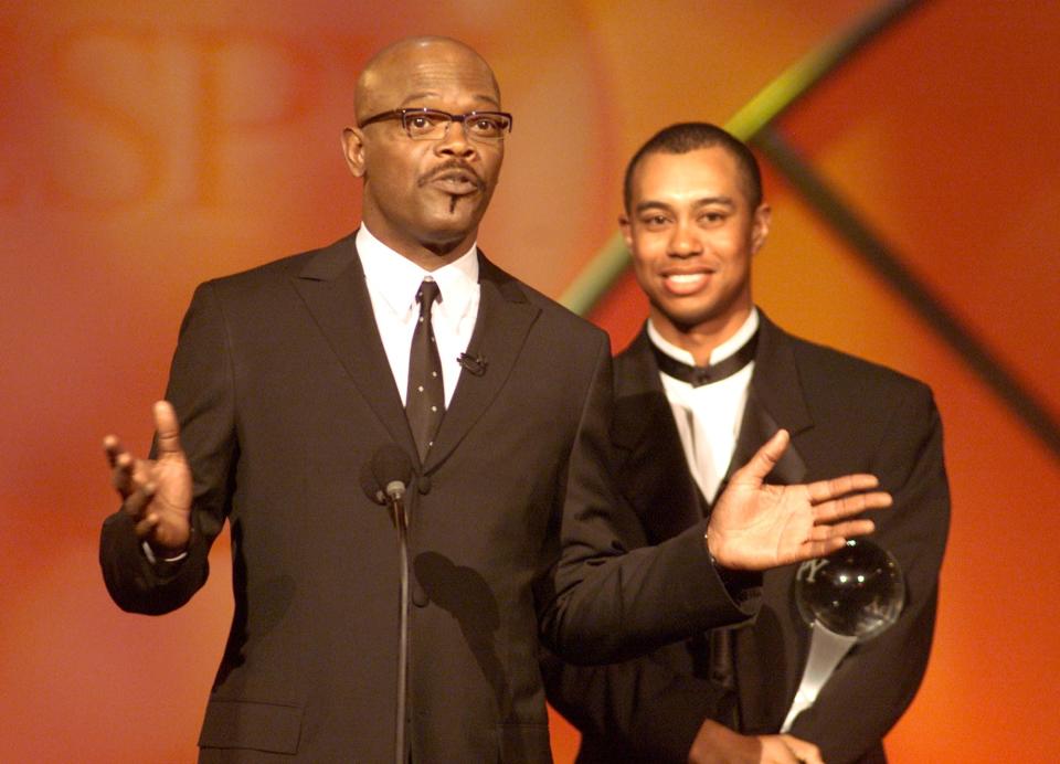 Samual L. Jackson and Tiger Woods at The Ninth Annual ESPY Awards at the MGM Grand Hotel in Las Vegas, NV.,  Monday, Feb.12, 2001.   (photo by Kevin Winter/Getty Images).