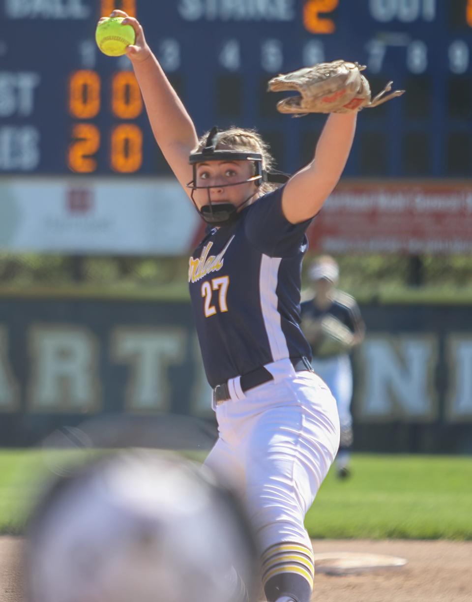 Hartland's Kylie Swierkos pitched a one-hitter and had 11 strikeouts in a 6-0 victory over Novi on Thursday, May 11, 2023.