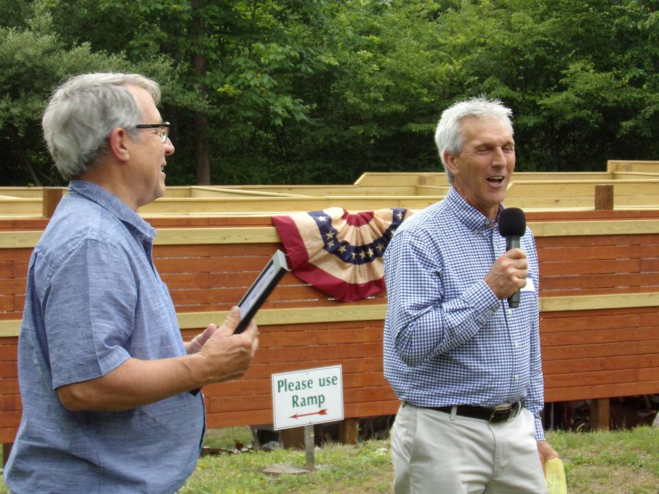 Rick Leet, nephew of the late Clinton Leet, spoke about his uncle's life at the dedication ceremony June 17, 2023, naming the Wayne County Historical Society's newly completed canal boat replica for his uncle. Clinton Leet, who was a Society trustee, first proposed to the board in 1995 to acquire the property a mile west of Hawley to start the D&H Canal Park at Lock 31. The replica is full scale, at 90 feet long and sits in the old canal above a pavilion.