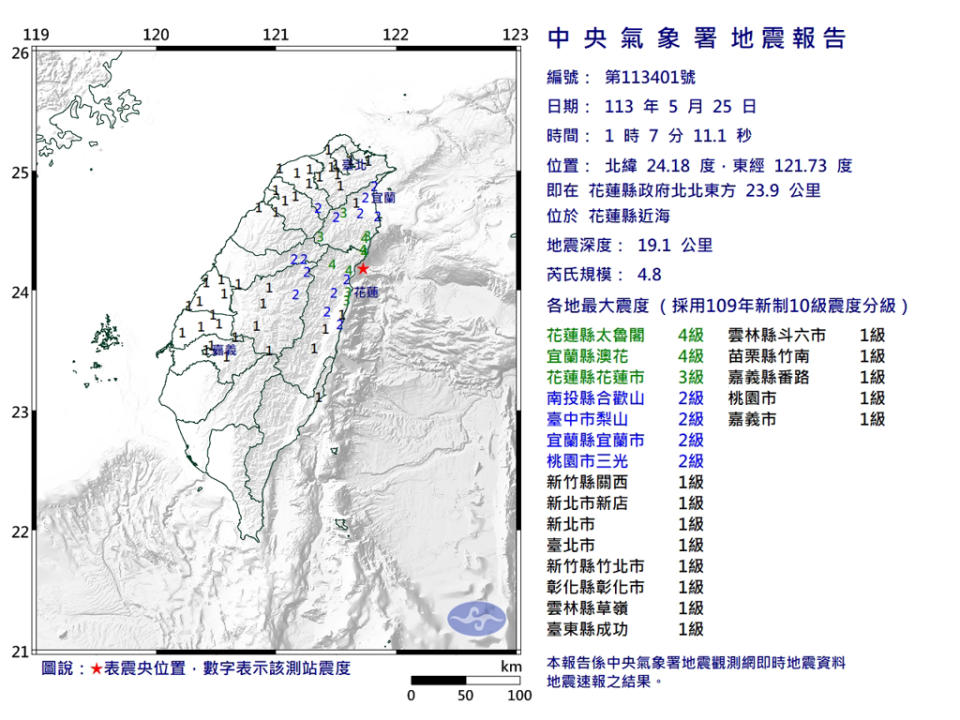 25日凌晨1:07，花蓮近海發生規模4.8地震，北部、中部都有感。(圖／氣象署)