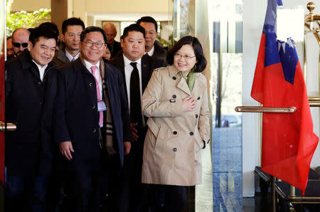 Taiwan President Tsai Ing-wen exits at the Omni Houston Hotel during a "transit stop" enroute to Central America, in Houston, Texas, U.S., January 7, 2017. REUTERS/James Nielsen