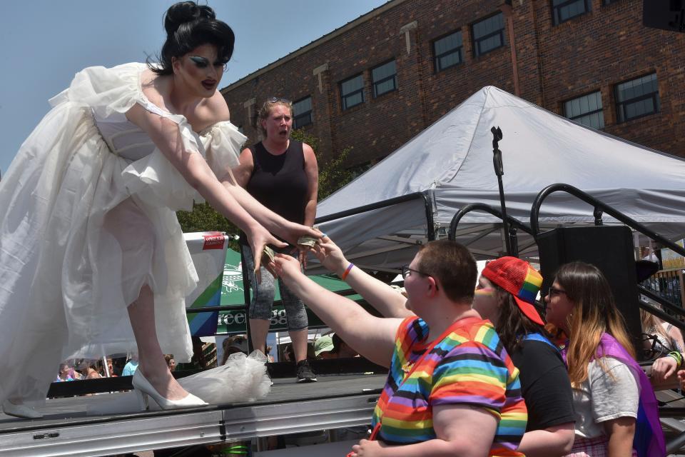 Poly Ester performs during a drag show at the Sioux Falls Pride Festival in downtown Sioux Falls on Saturday, June 18, 2022.