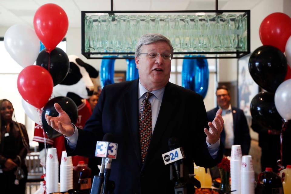 Mayor Jim Strickland speaks during the Greater Memphis Chamber's 100th ribbon cutting of 2023 on Wednesday, Dec. 6, 2023, at the new Raleigh Chick-fil-A location at 3565 Austin Peay Highway in Memphis, Tenn. This is the most ribbon cuttings in a year in the Chamber's 185-year history.
