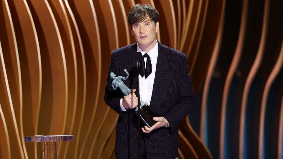 Cillian Murphy accepts the Screen Actors Guild award for his starring role in "Oppenheimer," the heavy favorite on Oscar night. - Matt Winkelmeyer/Getty Images