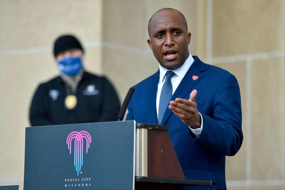 Kansas City Mayor Quinton Lucas is shown in this file photo at a press conference outside City Hall on Wednesday, Jan. 13, 2021.