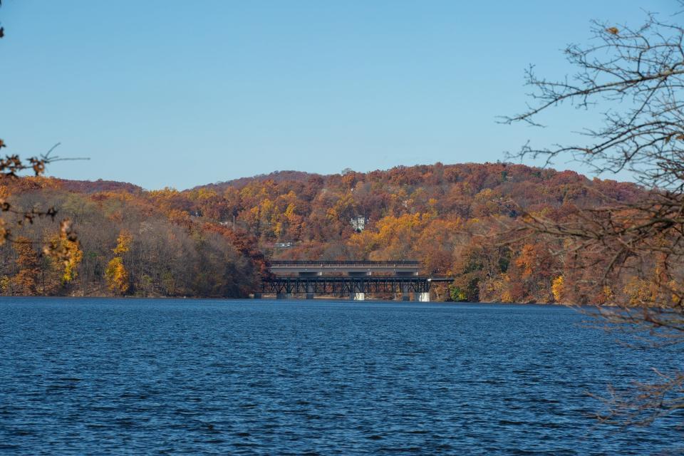 The Route 202 bridge is seen in the background crossing the Boonton Reservoir.