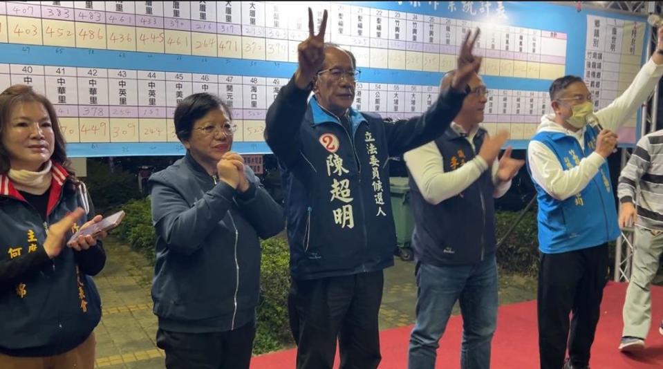 苗栗縣立委1選區候選人陳超明13日傍晚5時58分自行宣布當選。（讀者提供／謝明俊苗栗傳真）