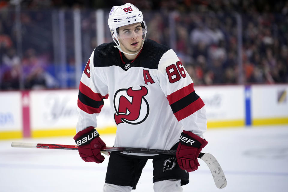 FILE - New Jersey Devils' Jack Hughes plays during an NHL hockey game, Thursday, Nov. 30, 2023, in Philadelphia. Hughes will not participate in the skills competition or 3-on-3 tournament at the upcoming NHL All-Star Weekend because of injury. (AP Photo/Matt Slocum, File)