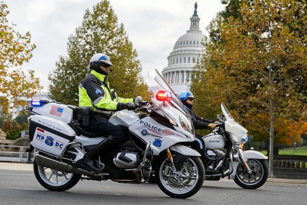 PHOTO: FILE - Members of the Metropolitan Police Department motorcycle unit patrol near the West Front of the U.S. Capitol during the 47th annual Marine Corps Marathon, Oct. 30, 2022. (Tom Williams/CQ-Roll Call, Inc via Getty Images, FILE)