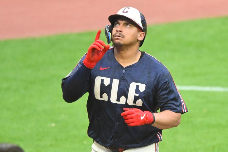 Jun 4, 2024; Cleveland, Ohio, USA; Cleveland Guardians first baseman Josh Naylor (22) celebrates his two-run home run in the fourth inning against the Kansas City Royals at Progressive Field. Mandatory Credit: David Richard-USA TODAY Sports