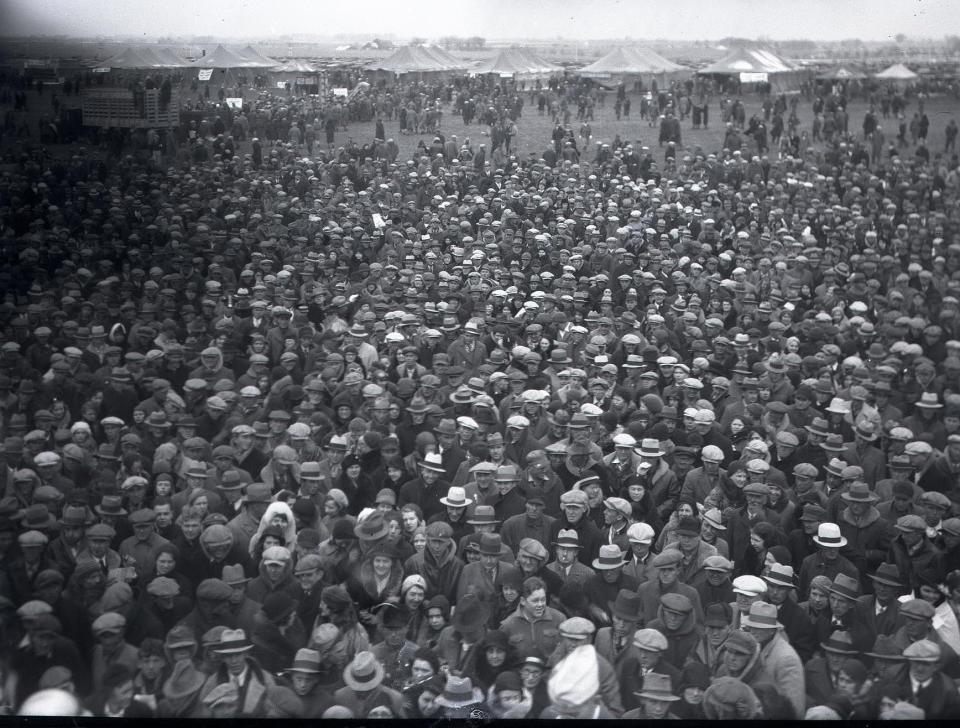 A small section of the 50,000 spectators at the 1932 National Corn Husking Contest that was held on the Robert Peterson farm between Kewanee and Galva.