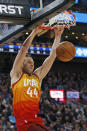 Utah Jazz forward Bojan Bogdanovic (44) dunks against the Indiana Pacers in the second half of an NBA basketball game Monday, Jan. 20, 2020, in Salt Lake City. (AP Photo/Rick Bowmer)