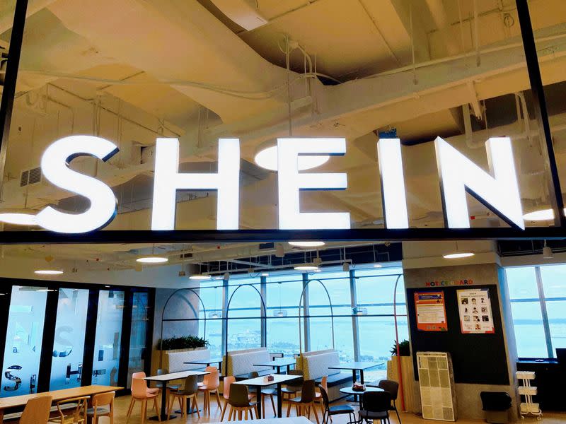 FILE PHOTO: A Shein logo is pictured at the company's office in the central business district of Singapore