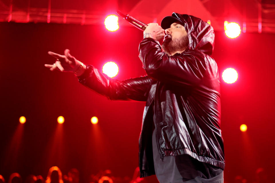 Inductee Eminem performs onstage during the 37th Annual Rock & Roll Hall of Fame Induction Ceremony at Microsoft Theater on November 05, 2022 in Los Angeles, California.