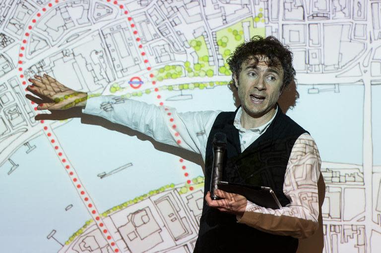 British designer Thomas Heatherwick delivers a presentation on a concept for a new pedestrian 'Garden Bridge' across the River Thames on April 29, 2014