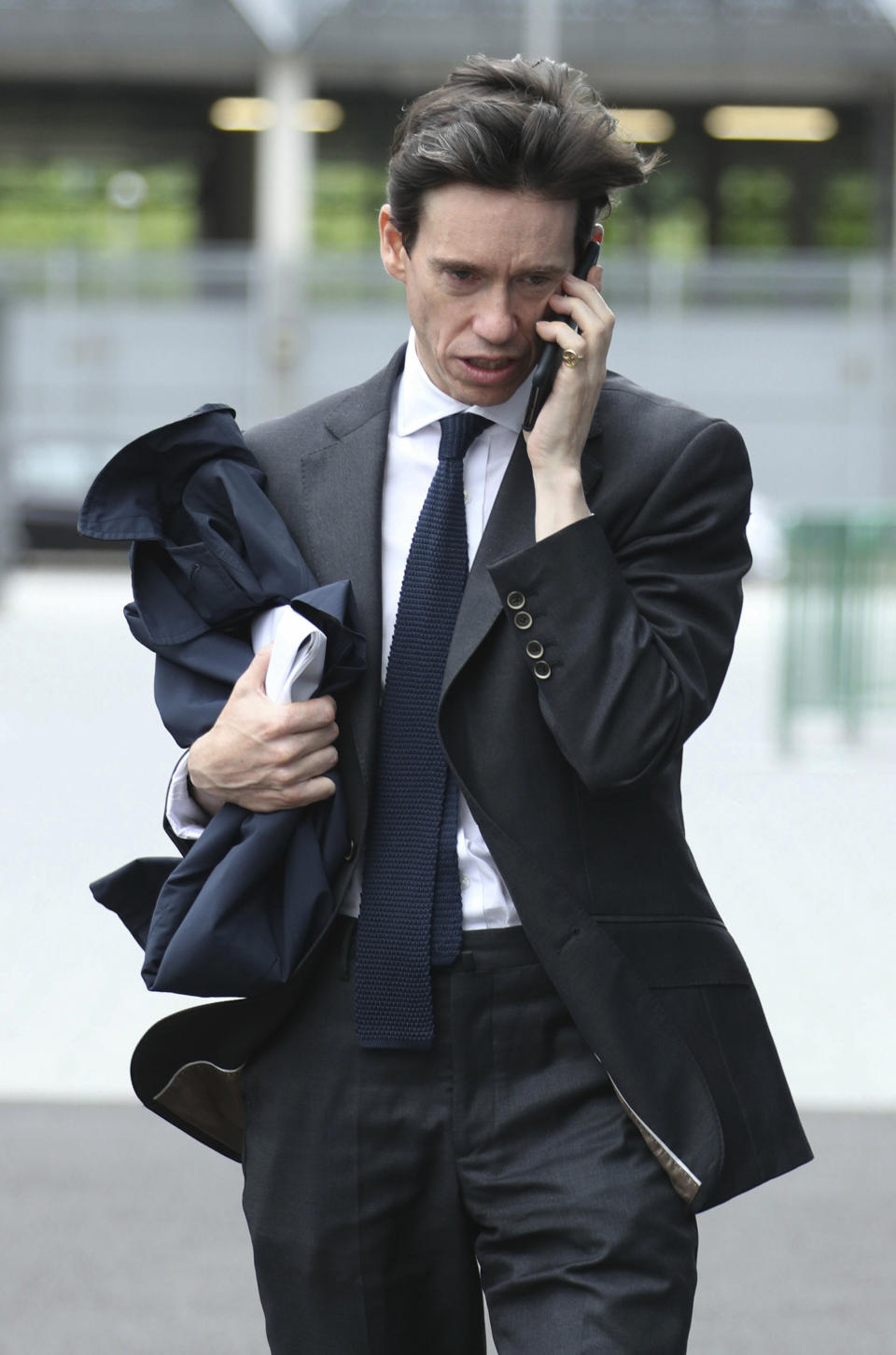 Conservative party leadership contender Rory Stewart arrives at the television studios ahead of a scheduled live television debate for the Conservative Party leadership candidates, in London, Sunday June 16, 2019. Five out of the six candidates will appear in the first TV debate, with Boris Johnson declining to take part, although other candidates accuse him of trying to avoid scrutiny. (Yui Mok/PA via AP)