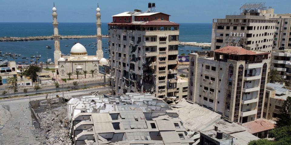 An aerial view of a destroyed tower block by the coast in Gaza City, May 12 2021.