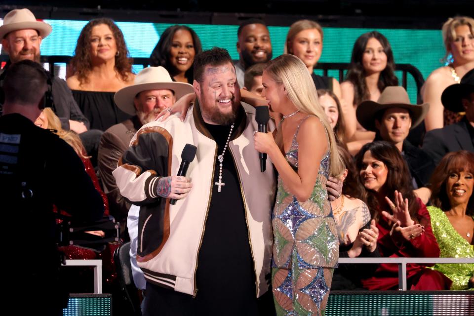 (L-R) Jelly Roll and Kelsea Ballerini speak onstage during the 2024 CMT Music Awards at Moody Center on April 07, 2024 in Austin, Texas.