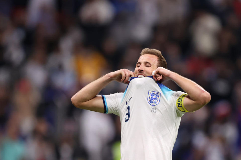 AL KHOR, QATAR - DECEMBER 10: Harry Kane of England reacts after missing a penalty during the FIFA World Cup Qatar 2022 quarter final match between England and France at Al Bayt Stadium on December 10, 2022 in Al Khor, Qatar. (Photo by Julian Finney/Getty Images)