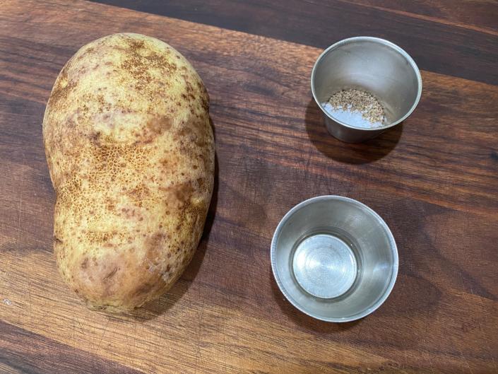 ingredients for 10-minute baked potatoes on a kitchen counter