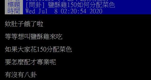 網友問，鹽酥雞150元如何分配菜色？（圖／翻攝自PTT）