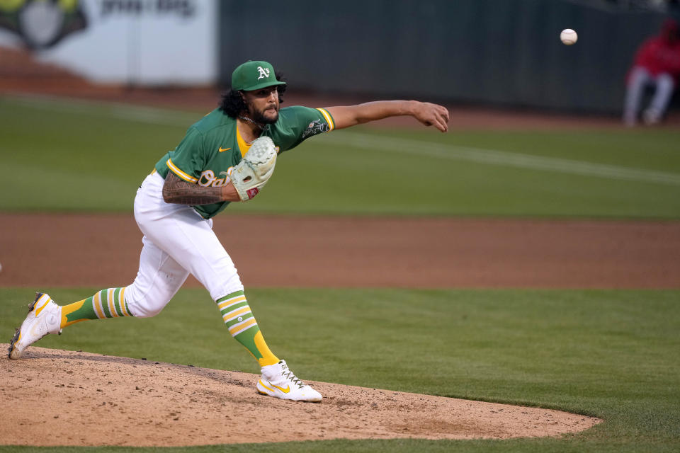 Oakland Athletics starting pitcher Sean Manaea delivers against the Los Angeles Angels during the fifth inning of a baseball game Friday, May 28, 2021, in Oakland, Calif. (AP Photo/Tony Avelar)