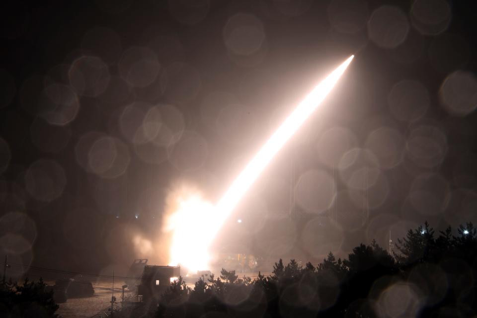 In this photo provided by South Korea Defense Ministry, an ATACMS missile is fired during a joint military drill between US and South Korea at an undisclosed location in South Korea on Oct. 5, 2022.