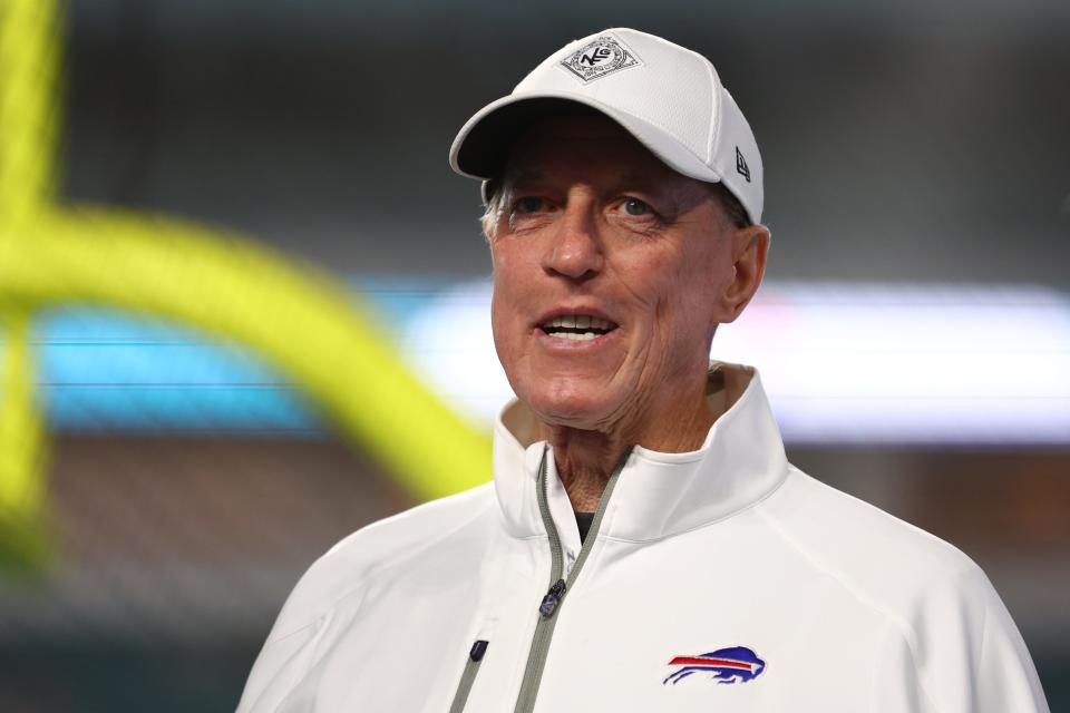 MIAMI GARDENS, FLORIDA - JANUARY 07: Hall of Fame quarterback Jim Kelly is seen on the field prior to a game between the Buffalo Bills and the Miami Dolphins at Hard Rock Stadium on January 07, 2024 in Miami Gardens, Florida. (Photo by Megan Briggs/Getty Images)